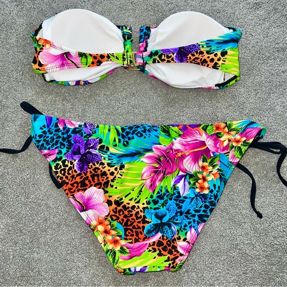 L VTG Wet Seal Rainbow Neon Tropical Floral Animal Print Bandeau Bikini Swimsuit - Picture 5 of 8